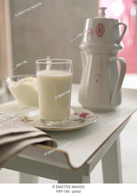 Milk glass, saucer, bowl and coffeepot