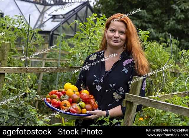 PRODUCTION - 16 August 2023, North Rhine-Westphalia, Hamm: Birgit Arndt holds a bowl with over 20 varieties of different tomatoes in her hands