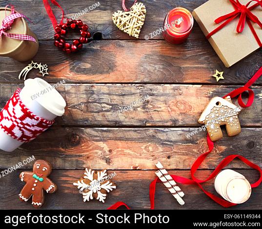 Christmas background with decorations, gift box and candles