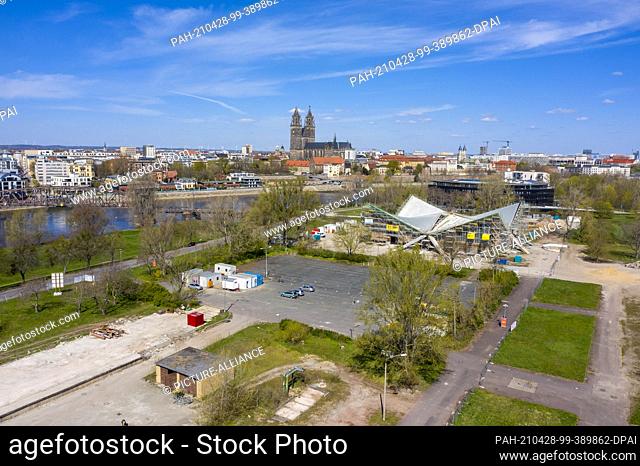 27 April 2021, Saxony-Anhalt, Magdeburg: View of the Hyparschale in Magdeburg. The listed building is currently being renovated
