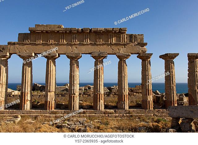 Temple C columns at the Acropolis of Selinunte the ancient Greek city on the southern coast of Sicily, Italy, Europe