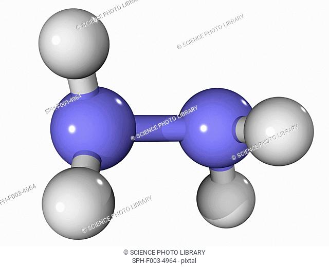 Hydrazine rocket fuel, molecular model. Atoms are represented as spheres and are colour-coded: nitrogen blue and hydrogen white