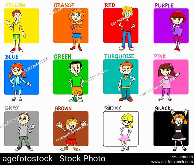 Cartoon Illustration of Basic Colors with Cute Children Characters Educational Set
