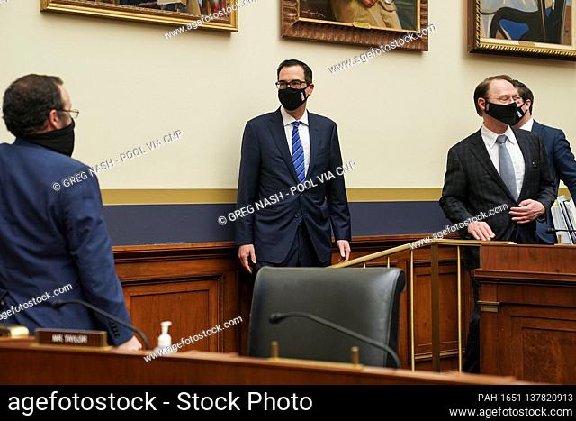 Treasury Secretary Steven Mnuchin arrives for a House Financial Services Committee oversight hearing to discuss the Treasury Department’s and Federal Reserve’s...