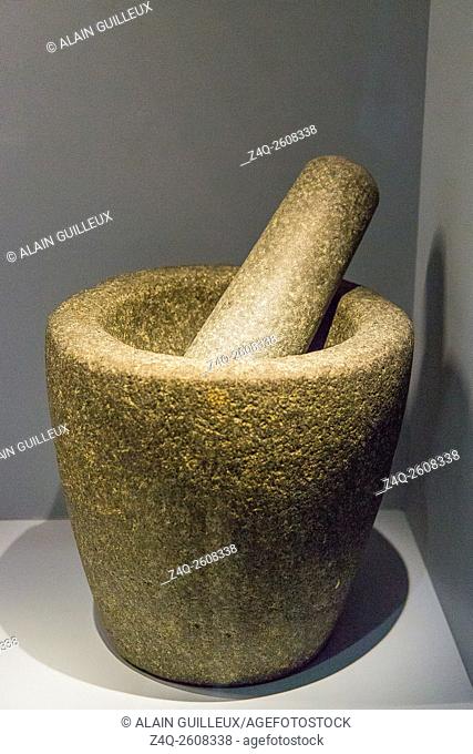 Photo taken during the opening visit of the exhibition â. œOsiris, Egypt's Sunken Mysteriesâ. . . Egypt, Alexandria, Maritime Museum, mortar and pestle, granit
