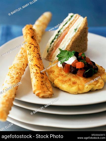 Hors d'oeuvres: Phyllo Cheese Straw, Corn Cake with Black Beans & Smoked Salmon Sandwich