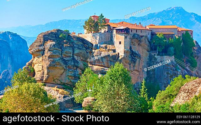 Panoramic view of The Holy Monastery of Varlaam on the top of the cliff in Meteora in the morning, Greece - Greek landscape