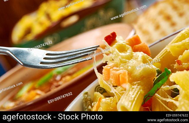 Cheesy Tex Mex Chicken Penne, Tex-Mex cuisine, Traditional assorted dishes, Top view