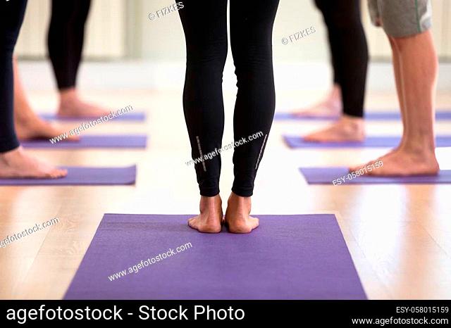 Group of young sporty people practicing yoga, doing leg and foot strengthening exercise, standing pose, working out, wearing sportswear leggings