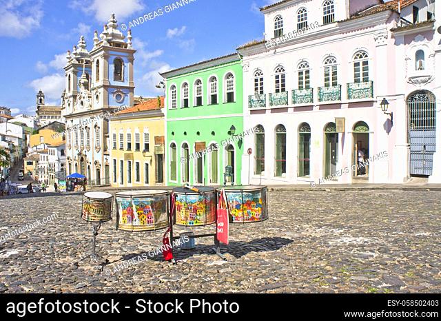 Salvador de Bahia, Pelourinho carnaval view with colorful buildings, Brazil, South America