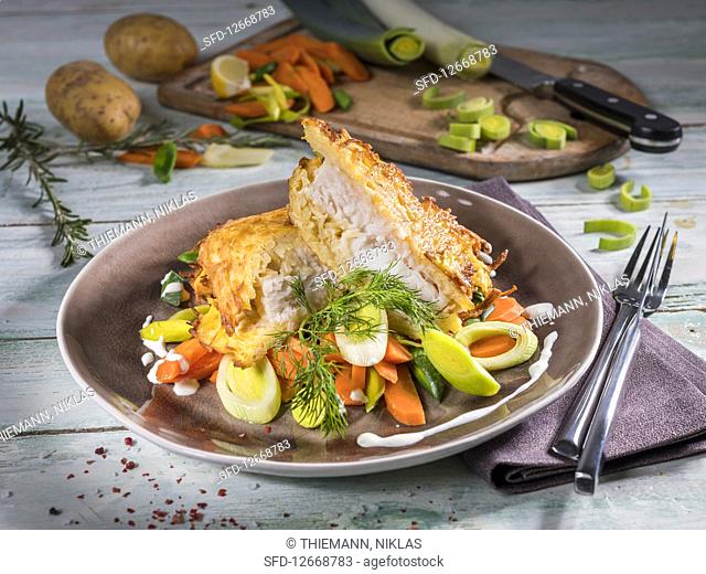 Cod fillets coated in potato, with leek, carrots and dill