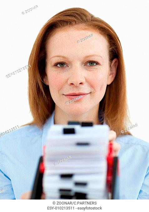 Businesswoman holding her business card holder