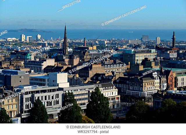 United Kingdom;England;Manchester;outdoors;color image;nobody;horizontal;day;city;cityscape;high angle view;landmark;Edinburgh...