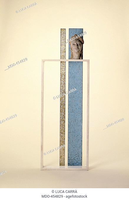 Sculpture, by Fausto Melotti, 1934, 20th Century, . Italy, Private Collection. Gold light blue face head mosaic delicacy fragility
