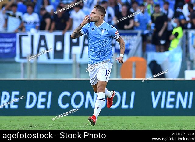 The player of Lazio Ciro Immobile celebrating after score the goal during the match Lazio-Spezia at Olympic Stadium. Rome (Italy), August 28th, 2021