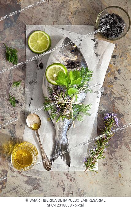 Fresh gilthead seabream with herbs and lime slices
