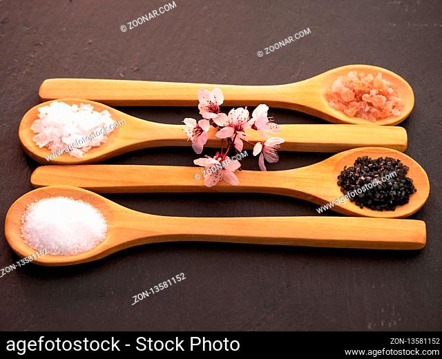 Wooden spoons with himalayan salt, black hawaii salt, common salt and salt flakes on a slate plate