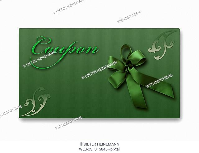 Coupon card with green ribbon against white background, close up