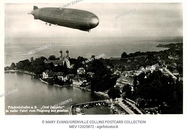 The Graf Zeppelin flying over Friedrichshafen, a city on the shore of Lake Constance (Bodensee in German) in southern Germany