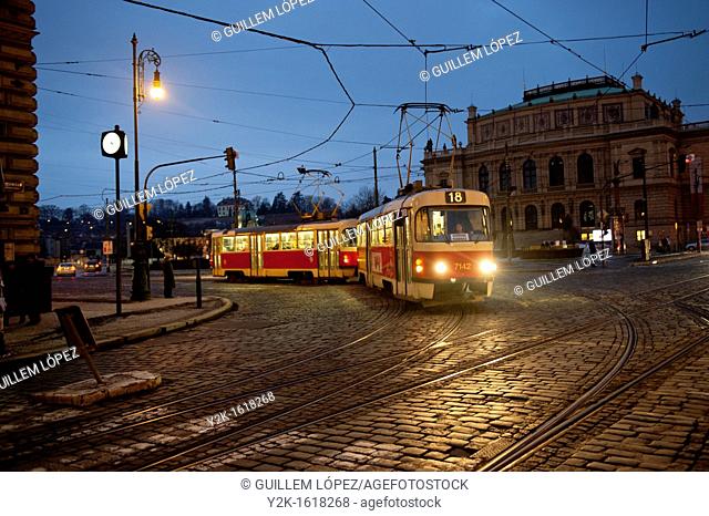 Moving tram at the old town of Prague, Czech Republic