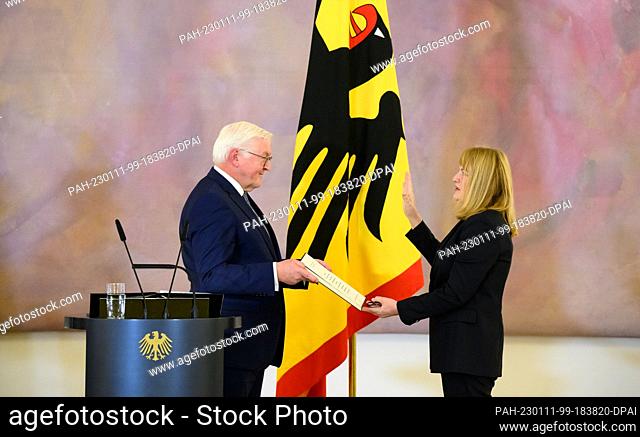 11 January 2023, Berlin: Federal President Frank-Walter Steinmeier appoints Rhona Fetzer as new judge at the Federal Constitutional Court on the occasion of the...