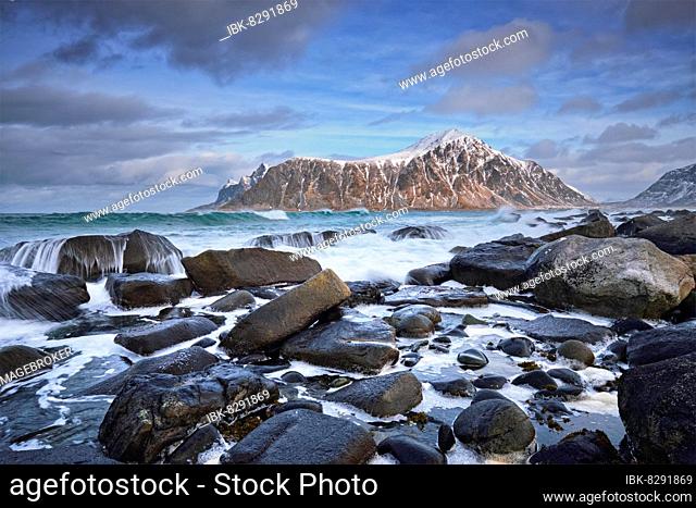 Rocky coast of fjord of Norwegian sea in winter. Skagsanden beach, Lofoten islands, Norway, Europe