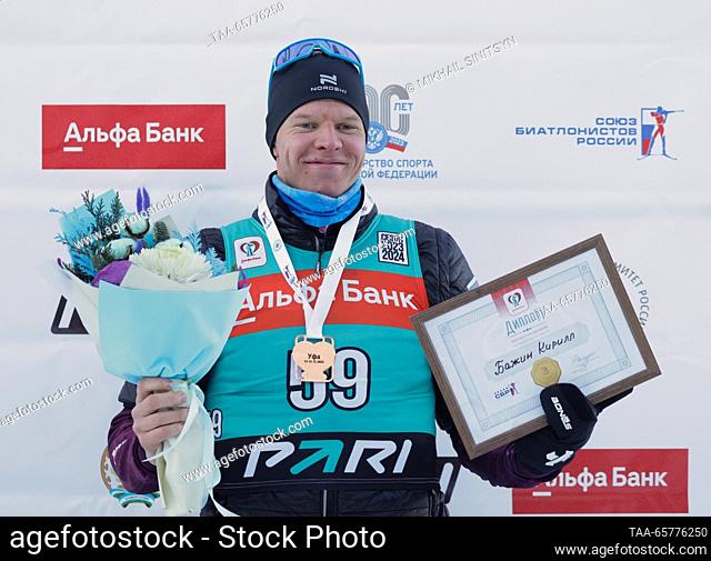 RUSSIA, UFA - DECEMBER 15, 2023: Bronze medallist Kirill Bazhin of Russia celebrates during the victory ceremony for the men's sprint in Stage 2 of the...