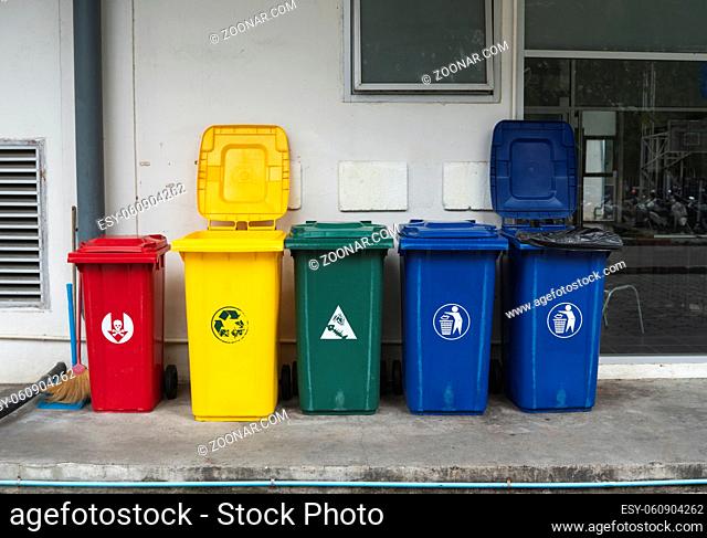 Garbage Trash Bins for collecting a recycle materials. Garbage trash bins for waste segregation. Separate waste collection food waste, plastic