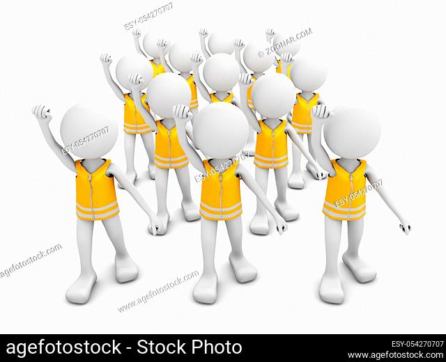 Faceless men in yellow vests protest. 3d render