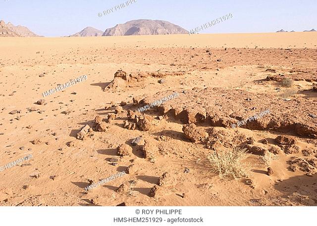 Libya, the Fezzan Sahara, Tadrart Acacus, near Gath, Wadi Teshuinat or Tashwinat, dunes and sandstone rocks sheltering rupestrian paintings listed as World...