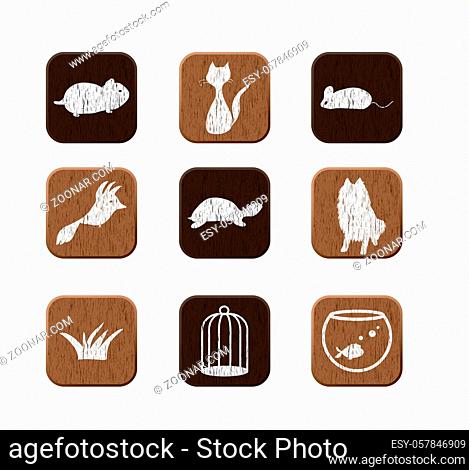 Pet shop wooden icons set with pets silhouettes. vector illustration eps8