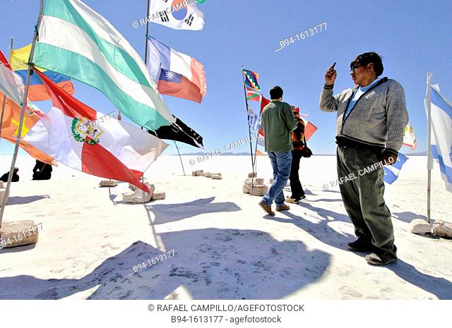 Flags. Salar de Uyuni (or Salar de Tunupa), the world's largest salt flat at 10, 582 square kilometers. It is located in the Potosí and Oruro departments in...