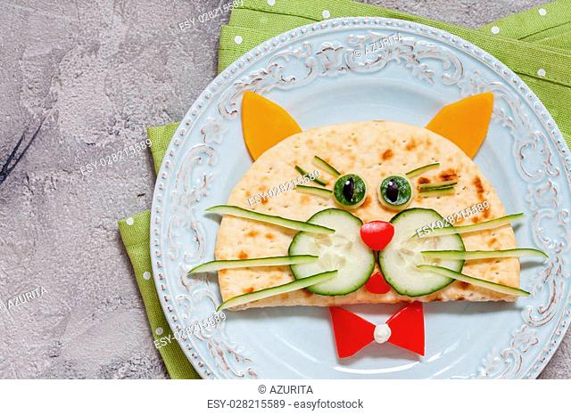 Funny breakfast for kids with cat shape sandwich