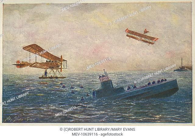 Two Austro-Hungarian seaplanes picking up survivors from the French submarine Foucault, which they had just bombed, during the First World War