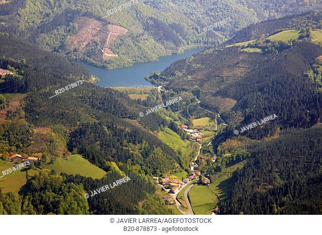 Nuarbe, Azpeitia, with the Ibaieder reservoir in background, Guipuzcoa, Basque Country, Spain