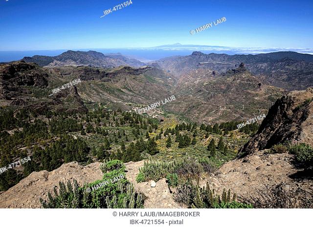 View from Roque Nublo, cultic rock of the ancient Canarians, in the Barranco del Chorrillo and the mountains in the west of Gran Canaria