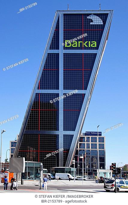 Modern office towers, Puerta de Europa, also called Torres Kio, with the headquarters of the bank Bankia, to which the bank Caja Madrid also belongs