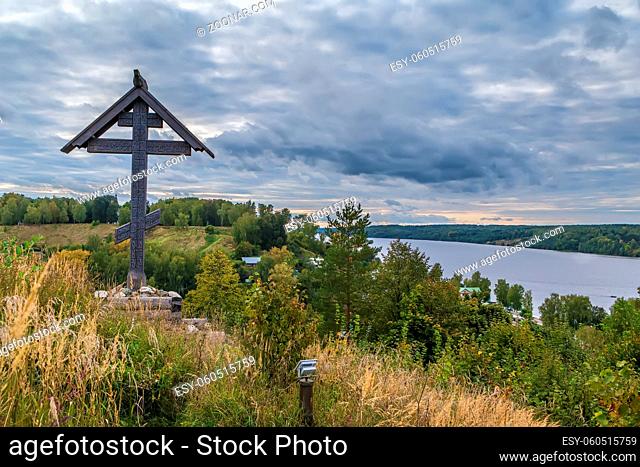 Landscape with cross on mount levitan in Plyos, Russia