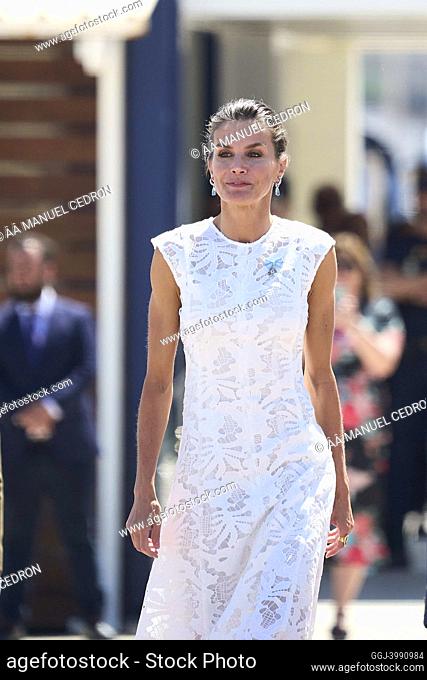 Queen Letizia of Spain attends delivery the National Ensign to the 'Special Naval War Force' at Juan Sebastian Elcano Dock on June 7, 2022 in Cartagena, Spain