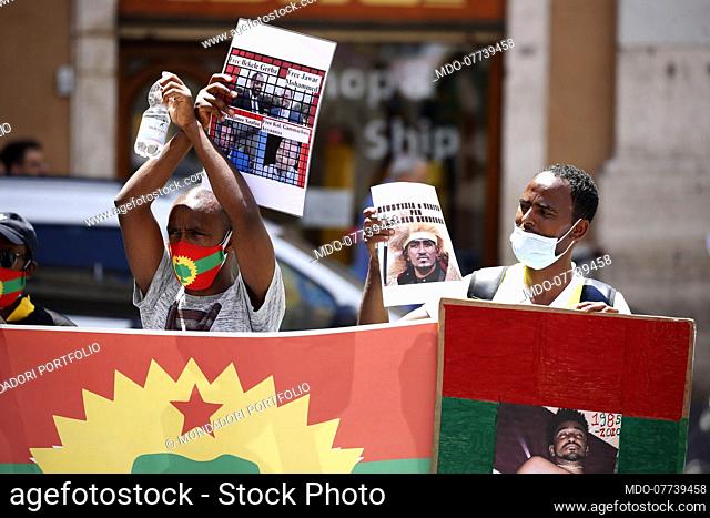 Protest sit-in sponsored by the Ethiopian Oromo community in Piazza Montecitorio against the killing of singer Hachalu Hundessa on 29th June in Addis Abeba