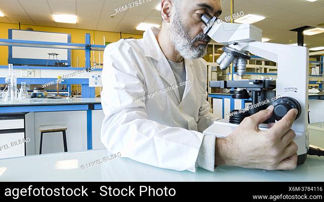 Mature scientist male in his 50s wearing a lab coat looking through a microscope in a laboratory. Basque Country, Spain, Europe