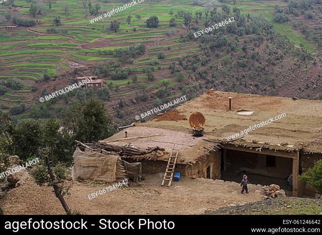 typical house and agricultural mountain landscape, Ait Blal, azilal province, Atlas mountain range, morocco, africa