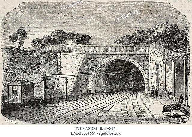 Electric telegraph, a train leaving a tunnel, illustration by Champin from Teatro universale, Raccolta enciclopedica e scenografica, No 632, August 22, 1846