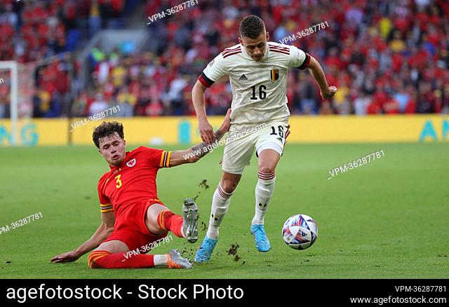 Welsh Neco Williams and Belgium's Thorgan Hazard fight for the ball during a soccer game between Wales and Belgian national team the Red Devils