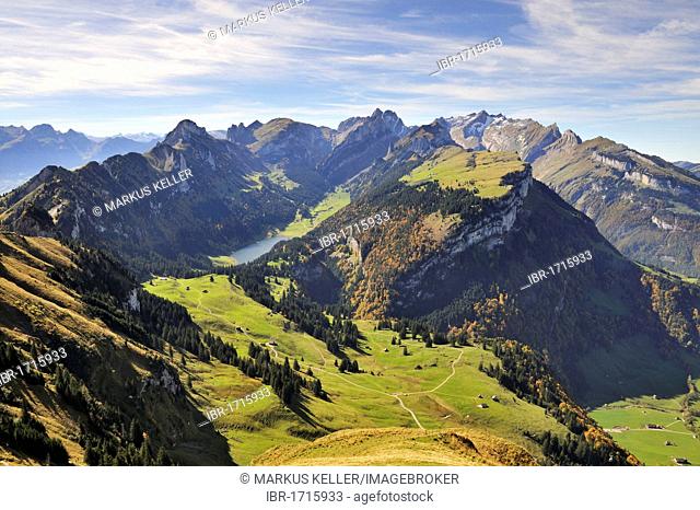 View from Mt. Kamor down to Alp Soll, in the back Lake Saemtisersee between the Appenzell Alps, Canton Appenzell Inner Rhodes, Switzerland, Europe