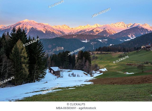 Sunrise on Mountain group of the Maddalene, Lauregno, province of Bolzano, region of Trentino Alto Adige, Italy