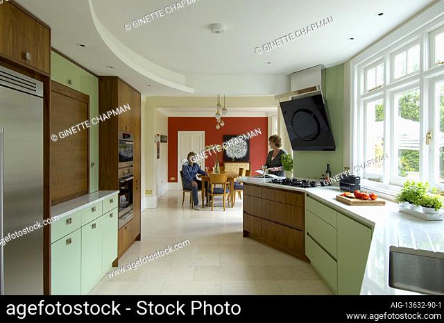 Contemporary Art Deco style walnut and mint Kitchen refurbishment