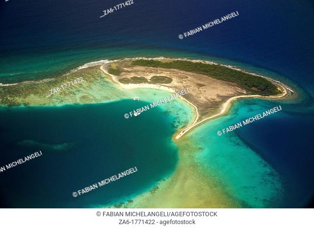 Aerial view of coral reef fringed Noronki in Los Roques Archipelago