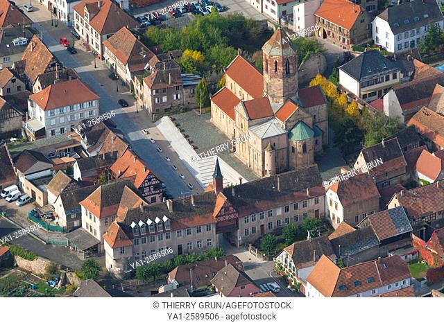 France, Bas Rhin 67, village of Rosheim, Old town gate and school Hohenbourg, back Saints Pierre and paul church aerial view