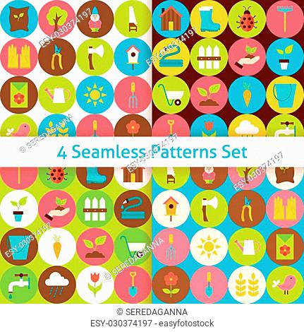 Four Spring Garden Seamless Patterns Set with Circles. Flat Design Vector Illustration. Background. Set of Nature Gardening Tools Items